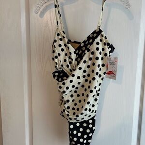 NWT Size 16 Lands' End Black and White Polka Dot Wrap Swimsuit.